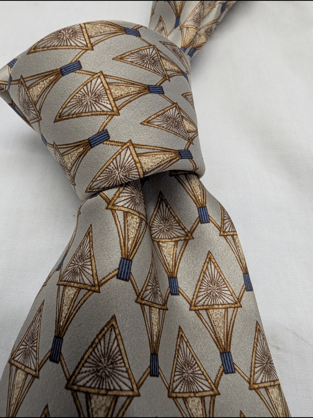 Lanvin Beige Tie with Gold and Blue Geometric Motif 100% Silk Designer France